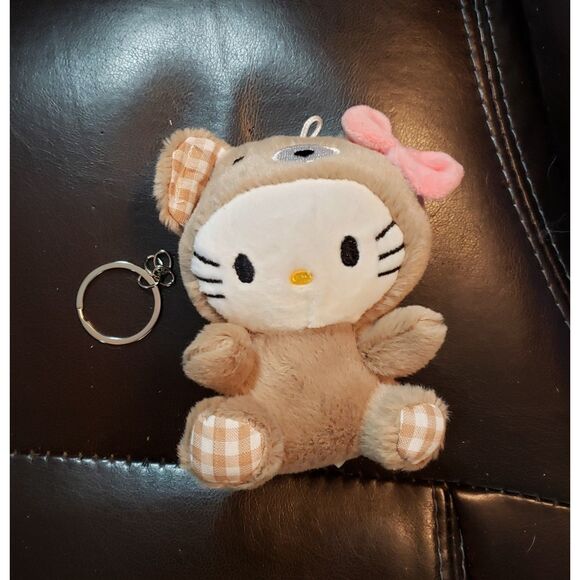 Plush Hello Kitty in Brown Bear Costume Pink Bow Checkered Ears & Paws - Picture 2 of 5